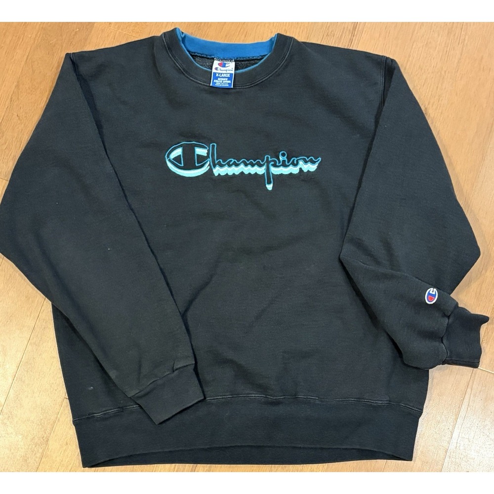 Vintage Champion Crewneck Sweatshirt  XL Black Spellout USA Embroidered Logo 90s